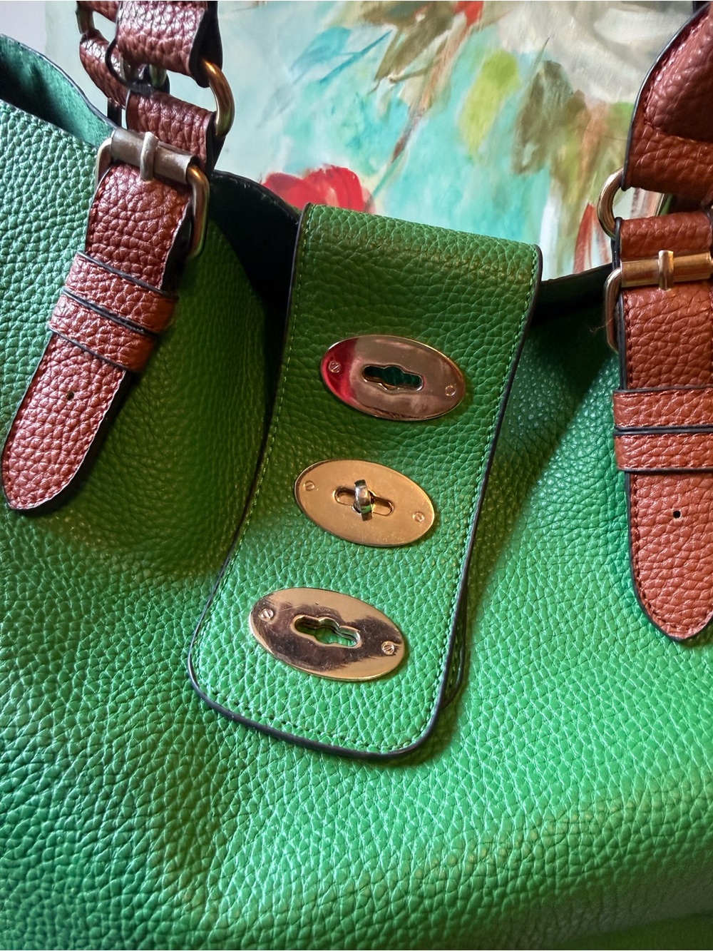 J & D Paris Women's Green Large Bag Faux Leather Handbag Floral Grommets Strap - Picture 2 of 11